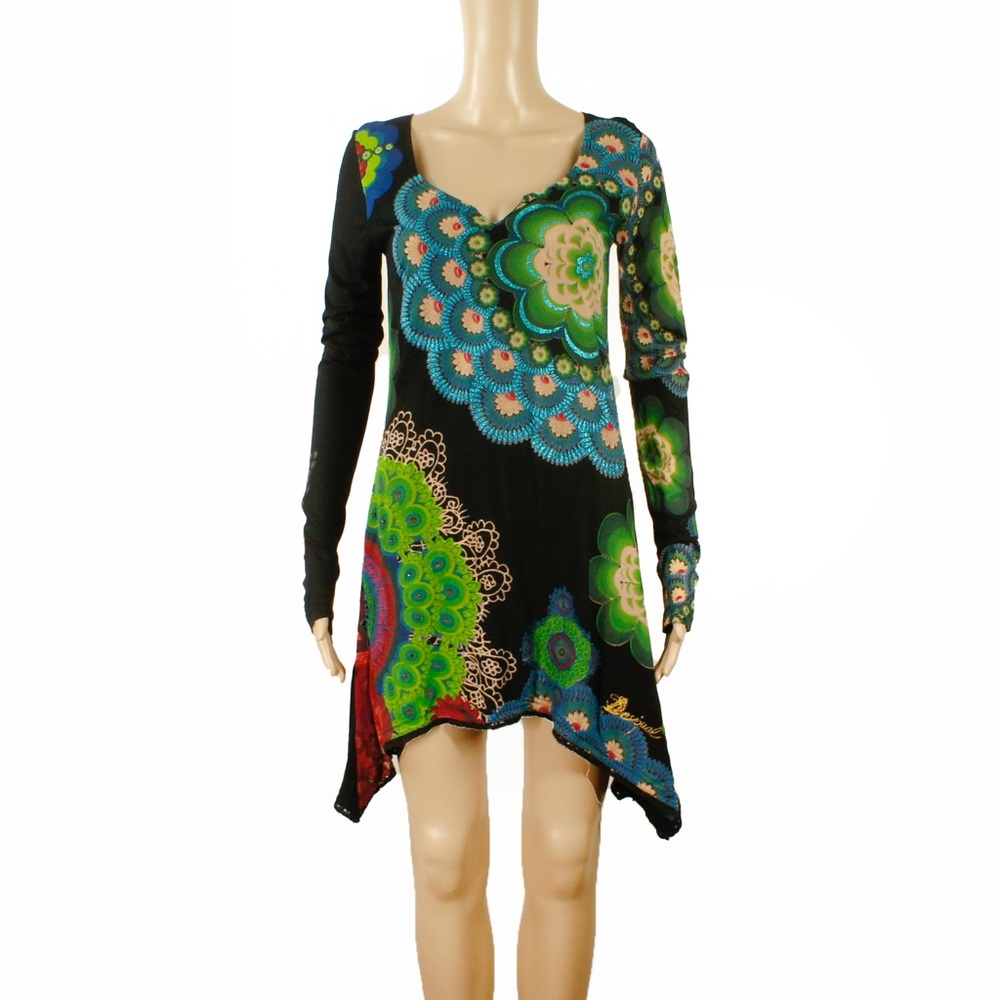 Desigual Black Long Sleeve Swing Dress with Green & Blue Floral Print